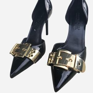 Black patent leather d'Orsay pumps with gold buckle detail